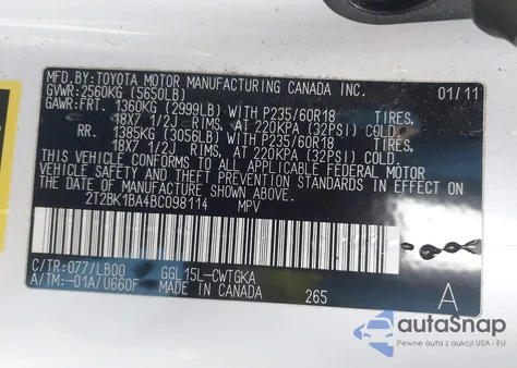 2011 Lexus Rx 350 из США, поврежденный, VIN 2T2BK1BA4BC098114